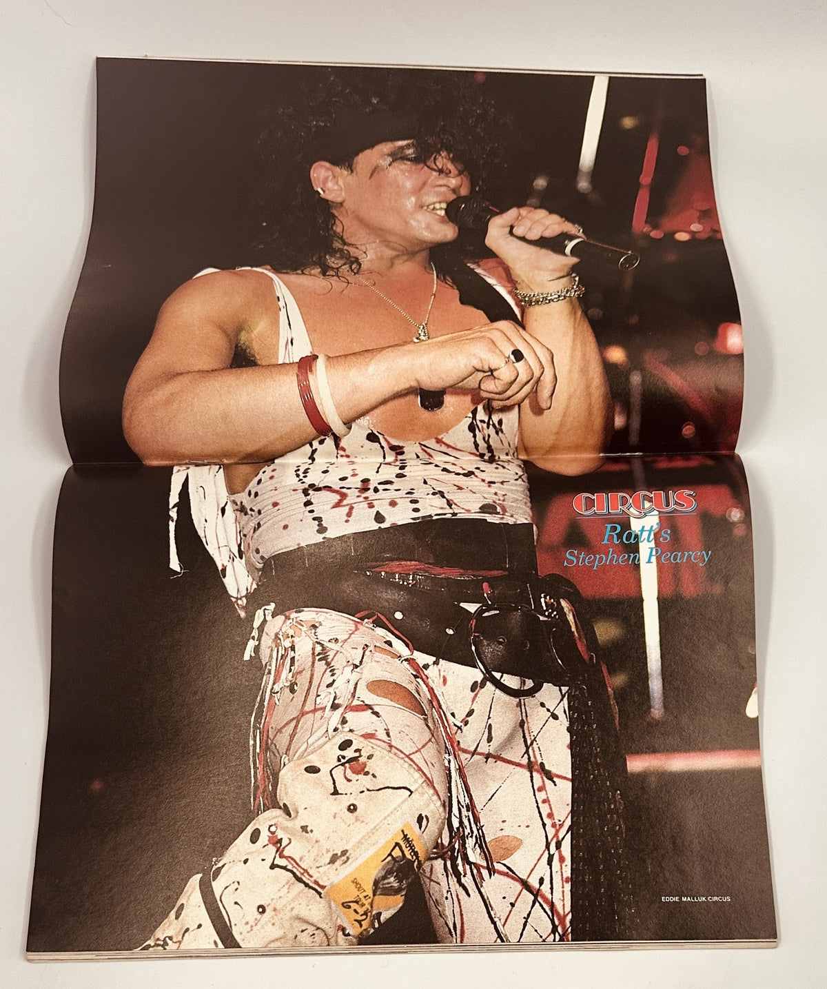 Centerfold image of Ratt's lead singer Stephen Pearcy from Circus Magazine September 30, 1984, showcasing the band's energetic performance style.