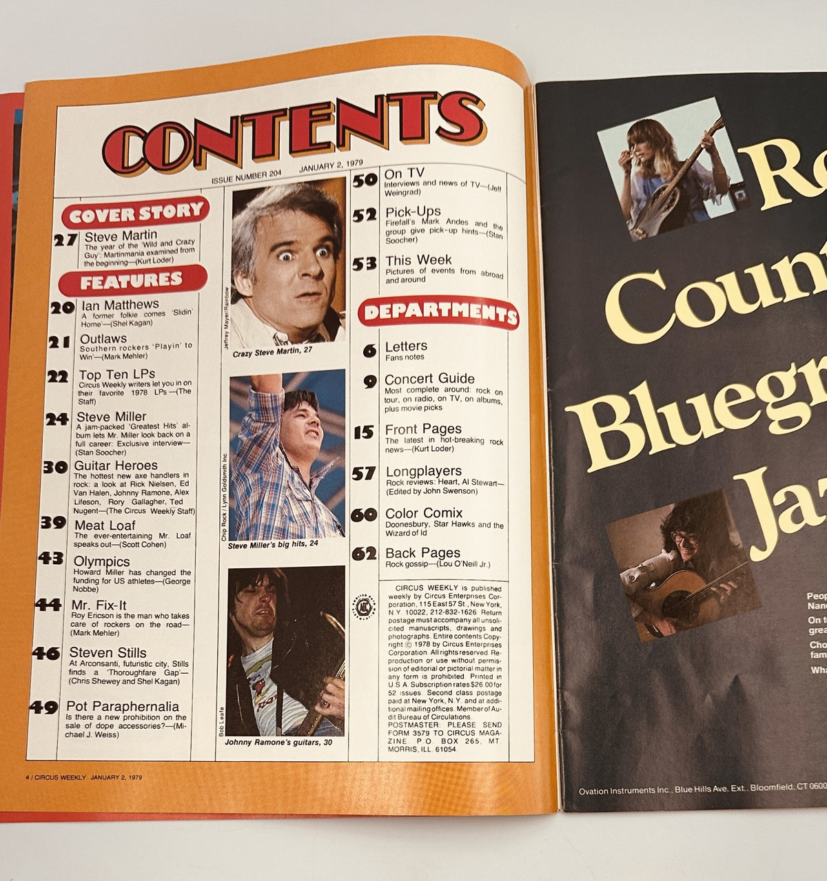Circus Weekly Magazine January 2, 1979 featuring Steve Martin, Meat Loaf, and Steve Miller with the Table of Contents highlighted, showcasing features and departments about music artists and trends.