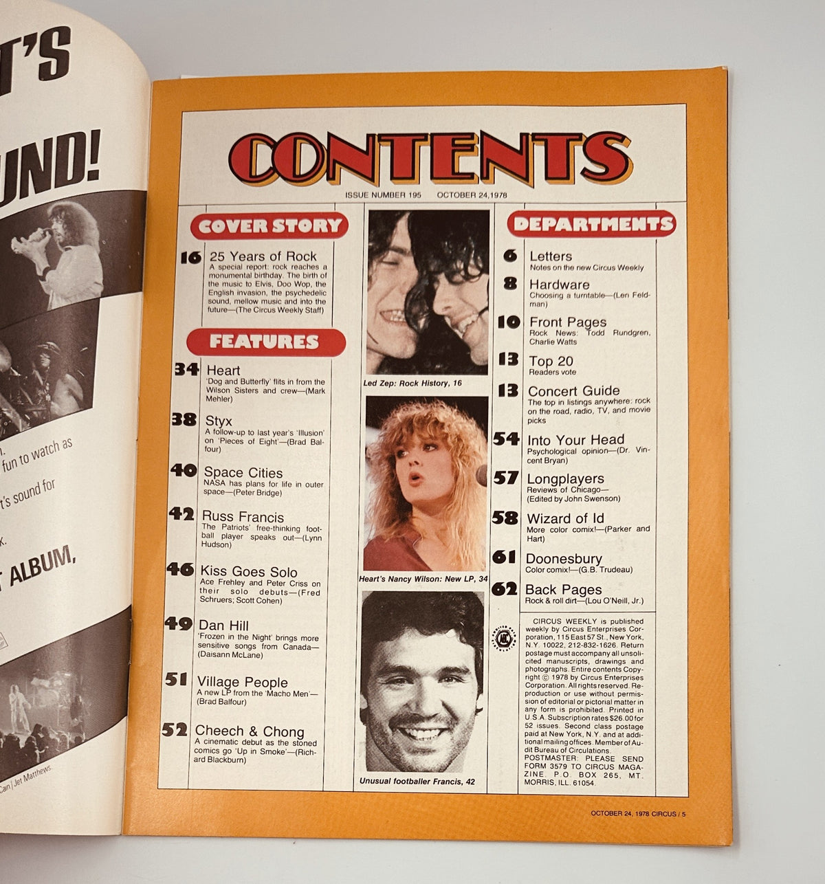 Table of Contents from Circus Weekly Magazine, October 24, 1978, highlighting features like 25 Years of Rock, Heart, Kiss Goes Solo, and Village People. Includes department listings and notable content.