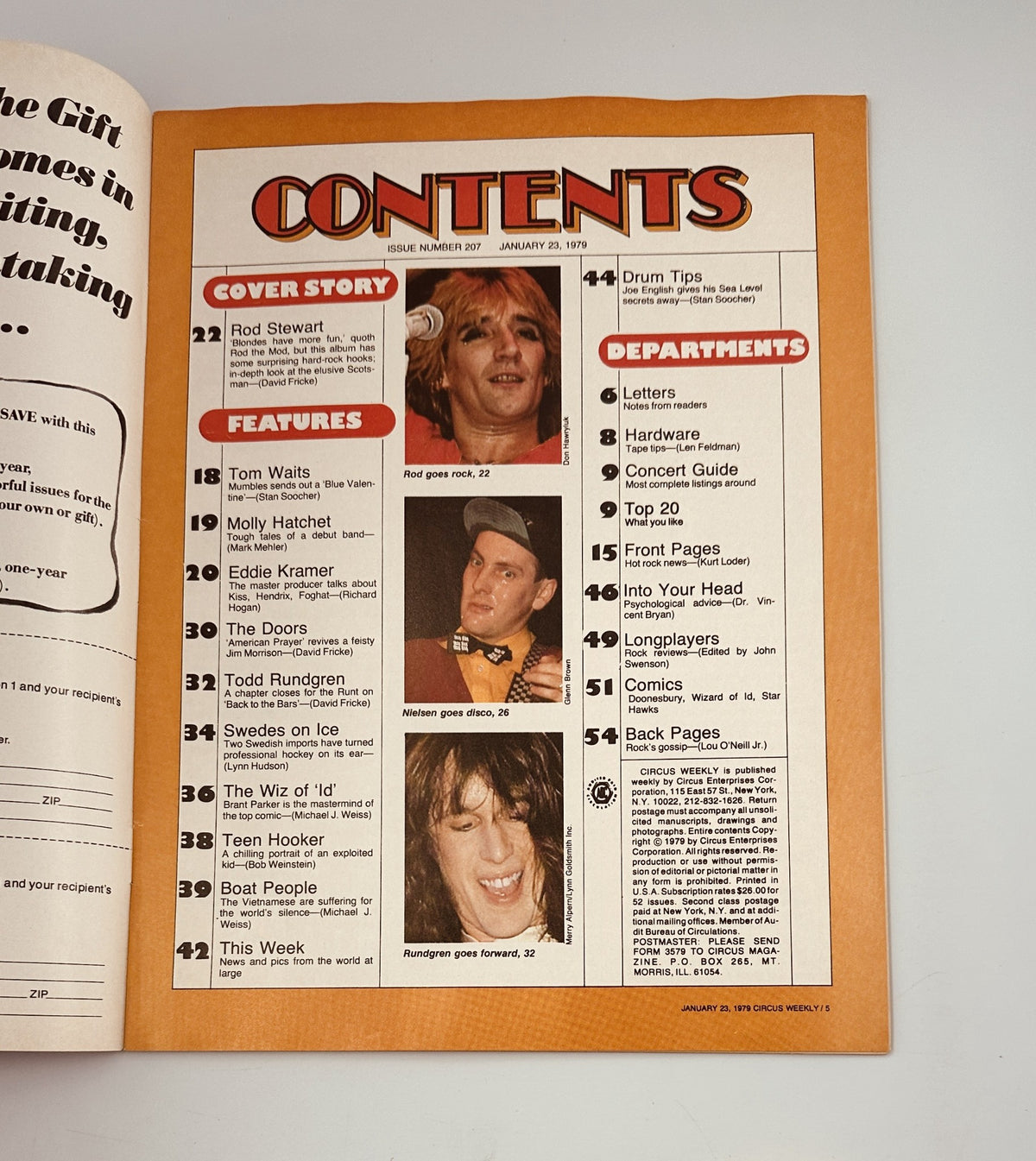 Table of contents page from Circus Weekly Magazine, January 23, 1979 detailing features on Rod Stewart, Tom Waits, and more, related to 'Circus Weekly Magazine January 23, 1979 Rod Stewart Tom Waits Doors VG'.