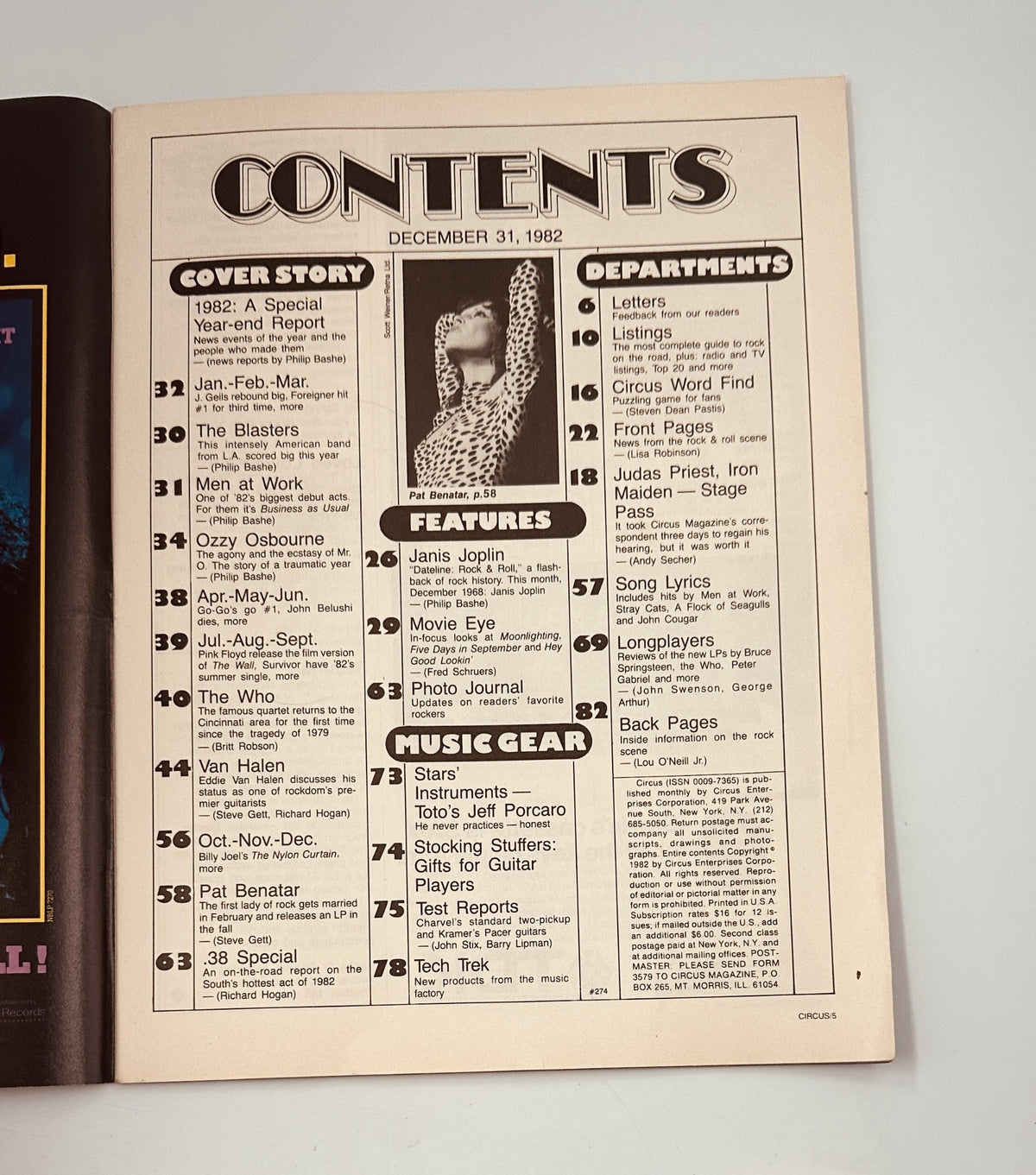 Table of Contents from Circus Magazine December 31, 1982 outlining the features including a special year-end report, music gear insights, and highlights on artists like Van Halen and Ozzy Osbourne.
