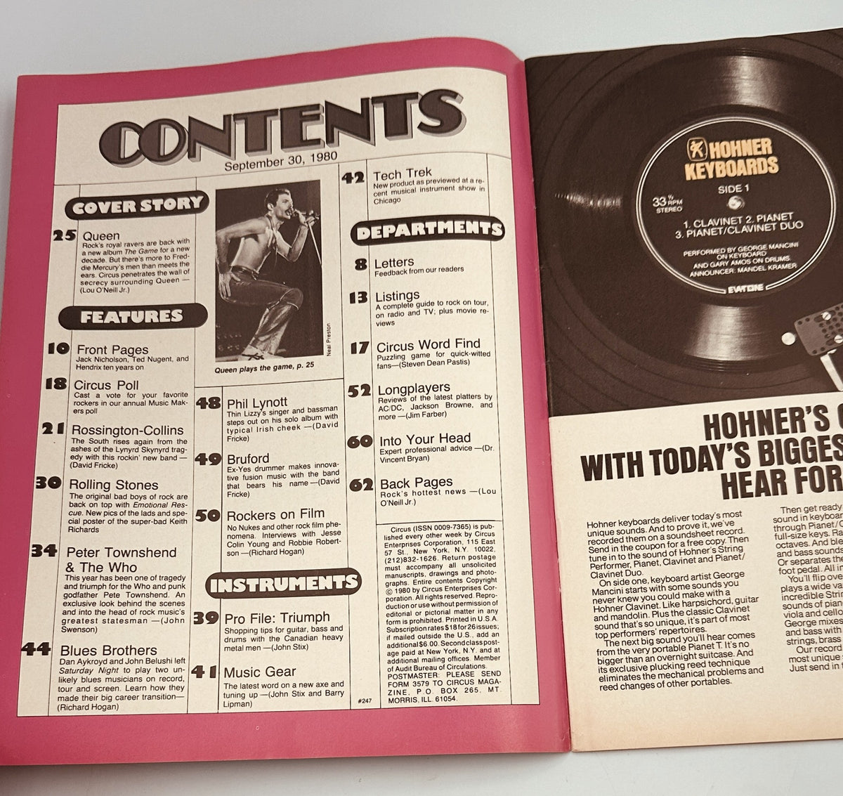 Table of Contents from Circus Magazine, September 30, 1980, listing features including Queen, Rolling Stones, and music gear, presenting a clear overview of the magazine's content.