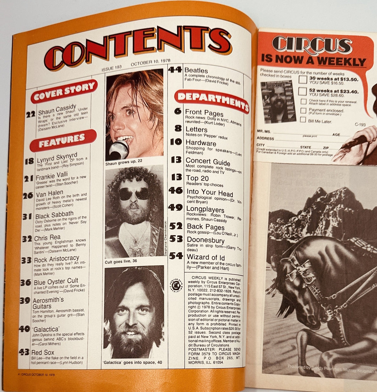 Table of contents from Circus Weekly Magazine, October 10, 1978, listing features on Shaun Cassidy, Lynyrd Skynyrd, Black Sabbath, and The Beatles.