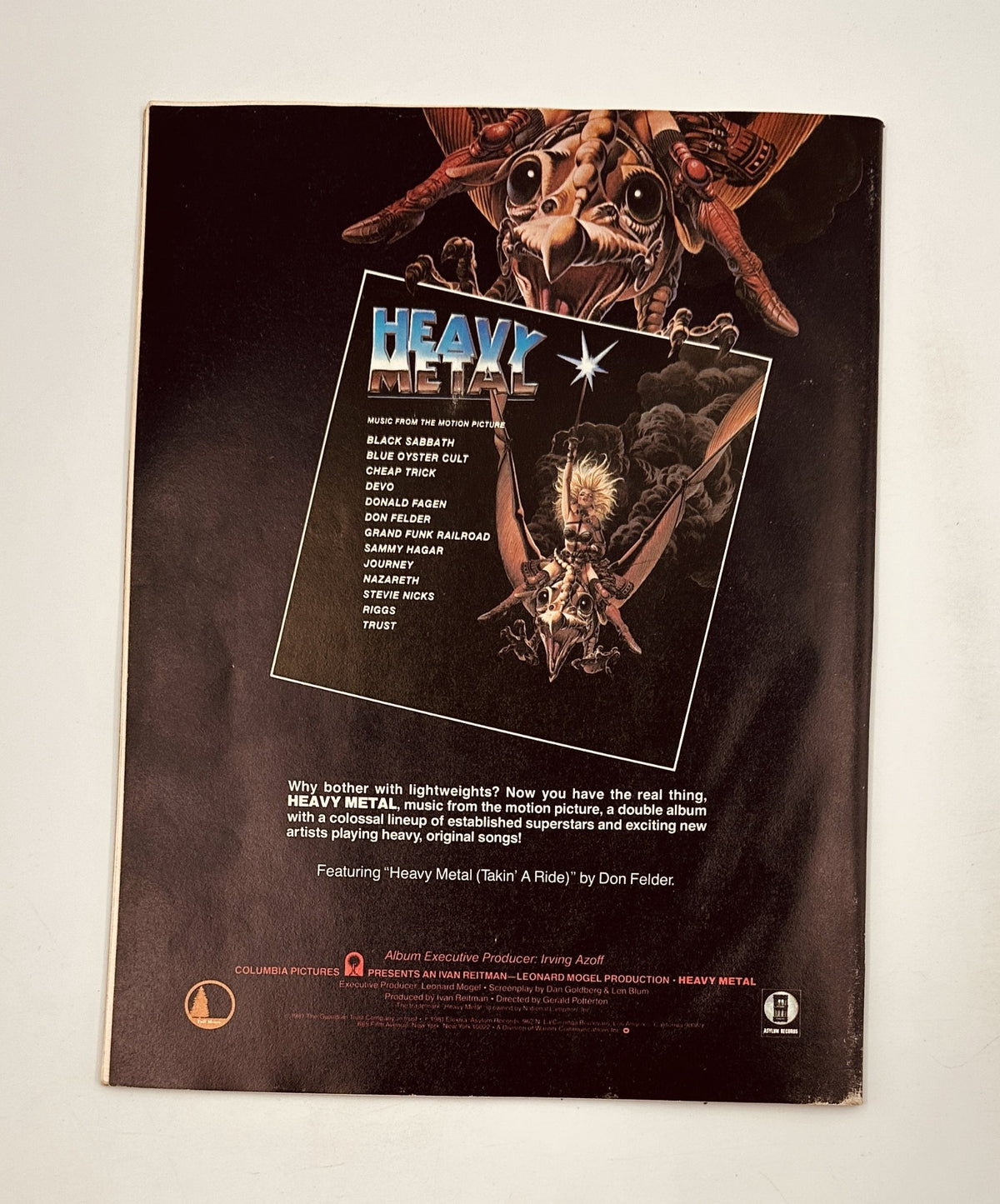 Back cover of Circus Magazine August 31, 1981 featuring a promotional advertisement for the album Heavy Metal, showcasing various artists and highlighting the movie's music, related to the featured articles about Tom Petty, Rush, Van Halen, and Meat Loaf.