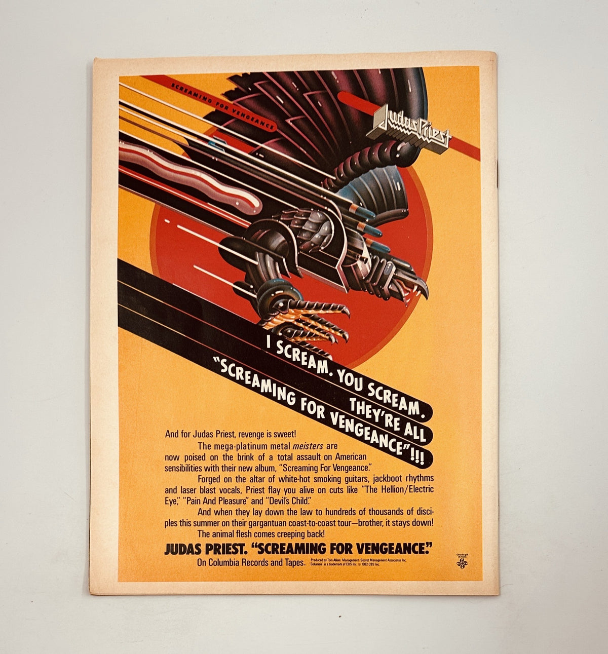 Promotional advertisement for Judas Priest's 'Screaming for Vengeance' in Circus Magazine, August 31, 1982, showcasing vibrant artwork.
