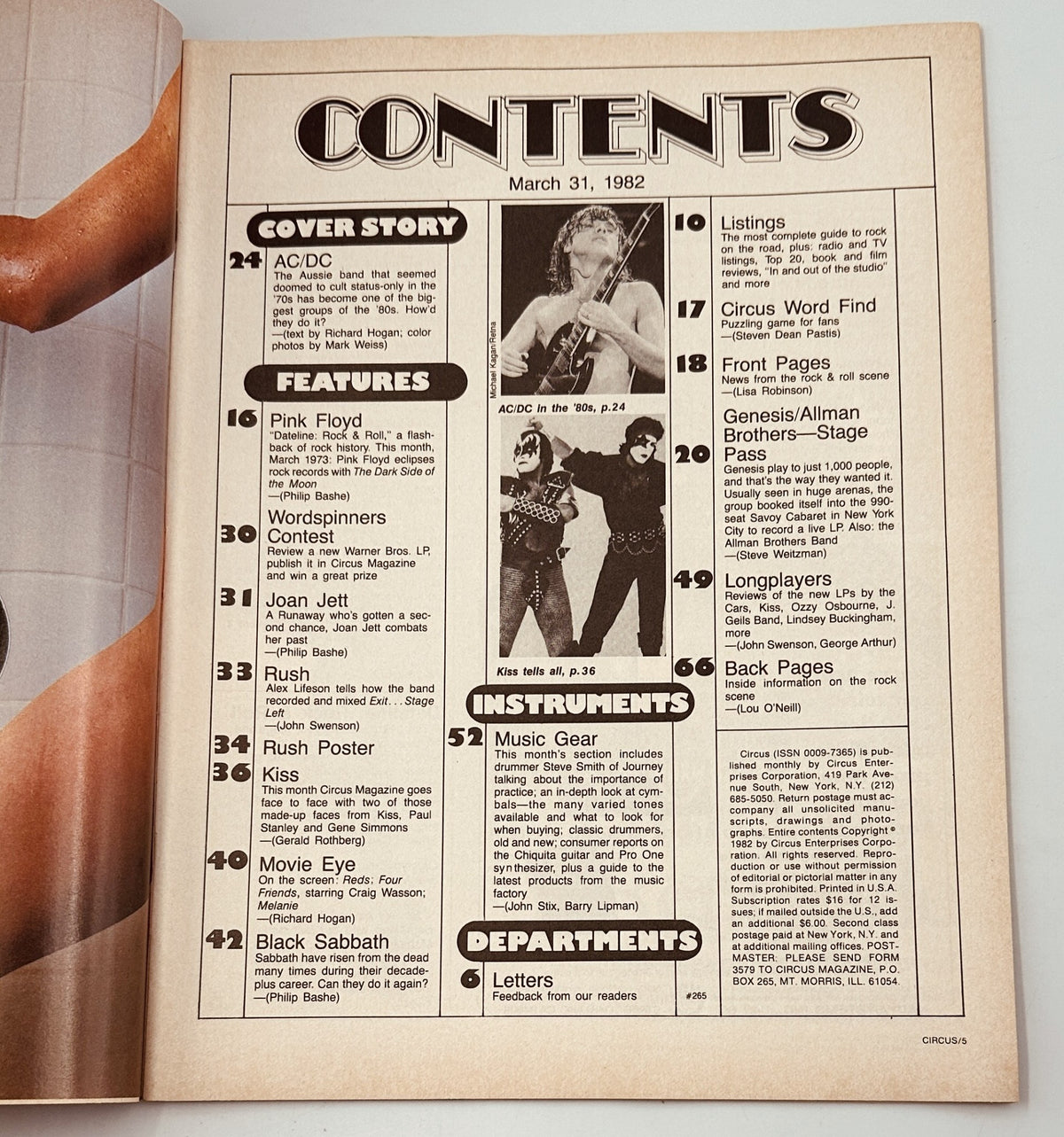 Table of contents from Circus Magazine, March 31, 1982, listing features on AC/DC, Pink Floyd, Kiss, and Black Sabbath, as well as information about music gear and reader letters.