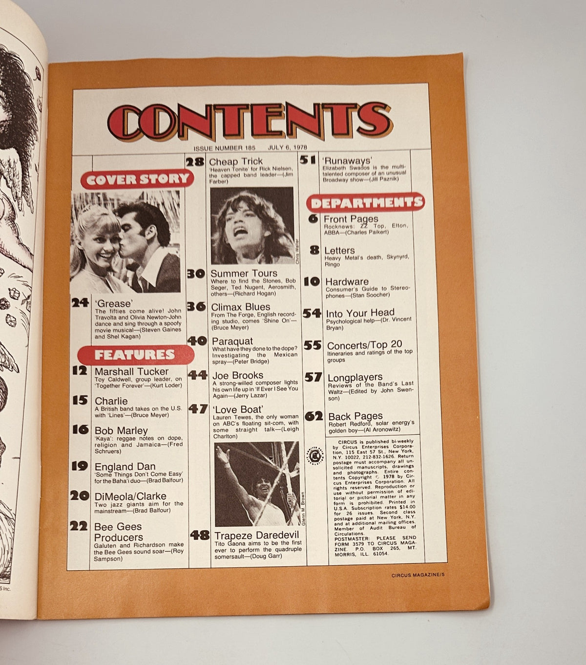 Table of Contents page from Circus Magazine July 6, 1978 detailing featured stories including Grease, Marshall Tucker, and Bruce Springsteen.