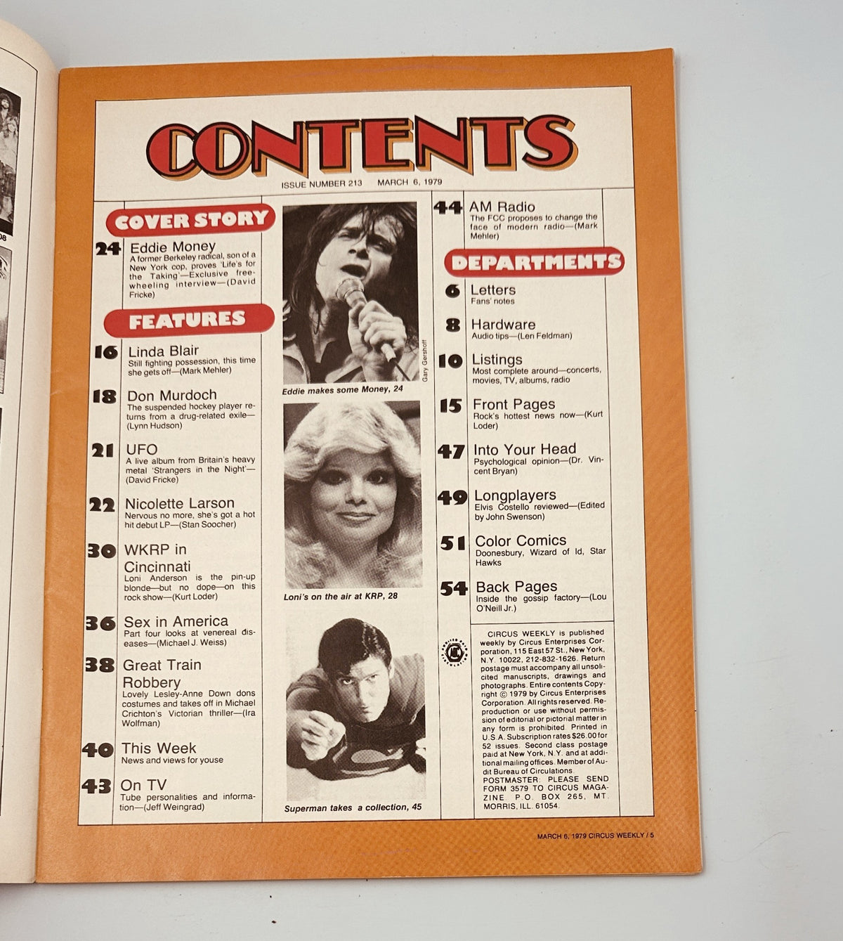 Table of Contents from Circus Weekly Magazine dated March 6, 1979, featuring Eddie Money, Linda Blair, UFO, and WKRP in Cincinnati. Highlighting articles and sections relevant to music and entertainment.