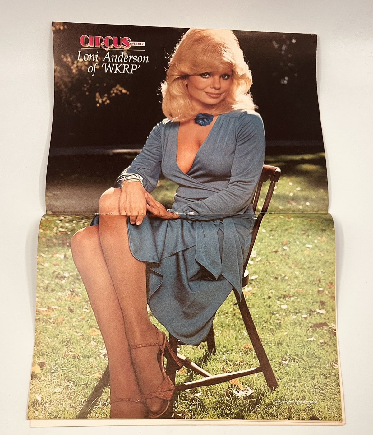 Centerfold of Circus Weekly Magazine from March 6, 1979, featuring Loni Anderson of WKRP in a stylish blue dress, capturing the essence of 1970s pop culture and glam.