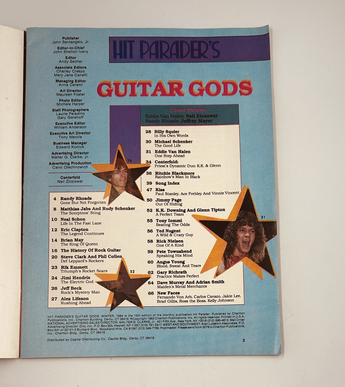 Inside page of Hit Parader Magazine Winter 1984 showcasing the Table of Contents for Guitar Gods, including featured artists like Randy Rhoads, Eddie Van Halen, and Eric Clapton.