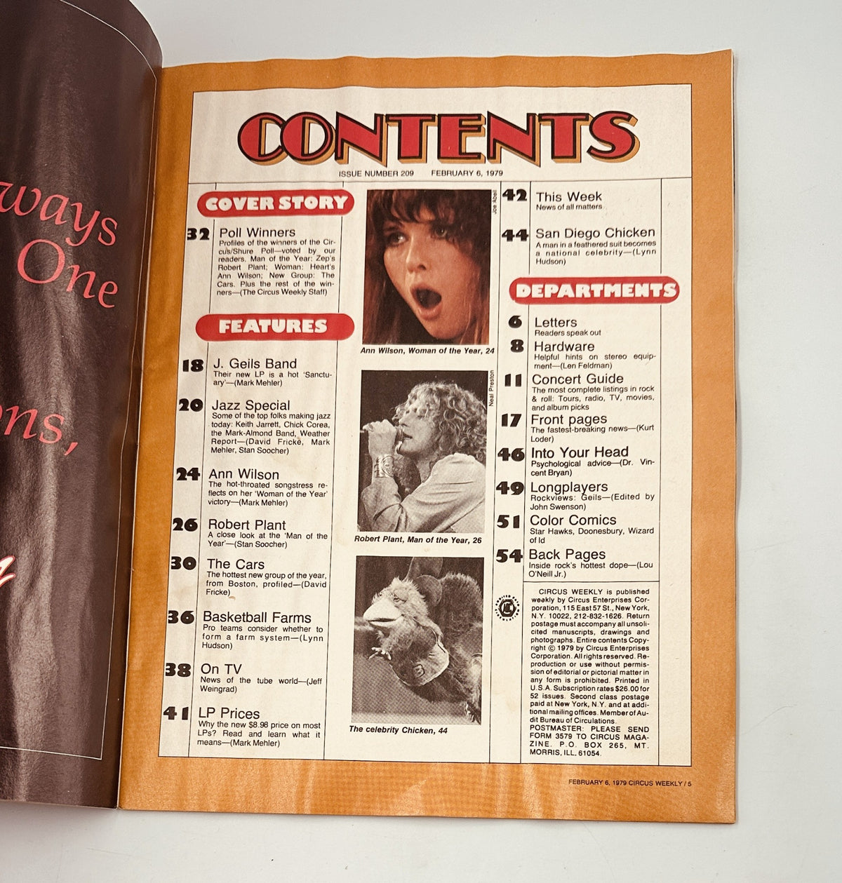 Table of contents page from Circus Weekly Magazine February 6, 1979, highlighting articles on Poll Winners, J. Geils Band, and profiles of Robert Plant and Ann Wilson.