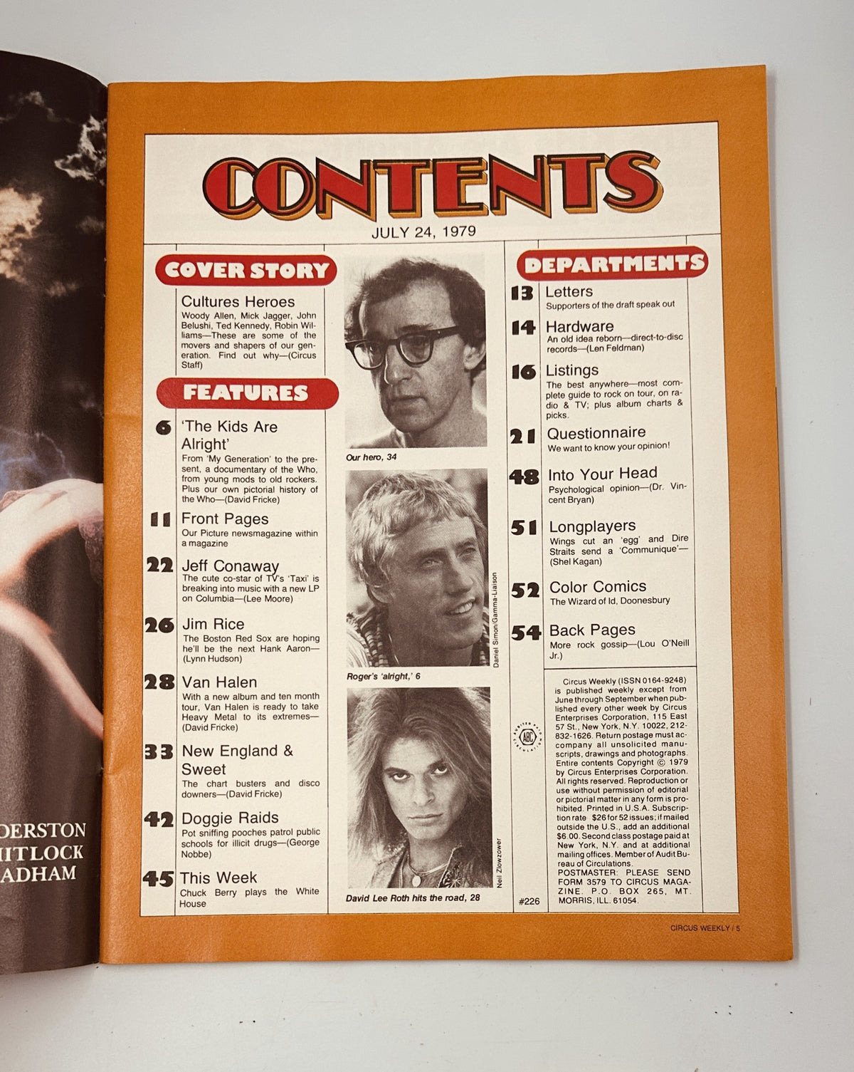 Inside page of Circus Weekly Magazine July 24, 1979 showcasing the Table of Contents, including segments on 'The Kids Are Alright' and features on Van Halen.
