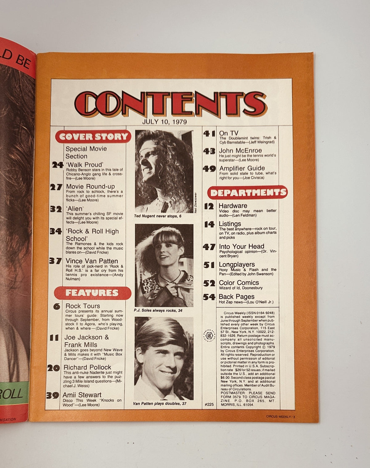 Table of contents from Circus Weekly Magazine July 10, 1979, detailing articles on movies, features, and departments, including John McEnroe and summer rock tours.