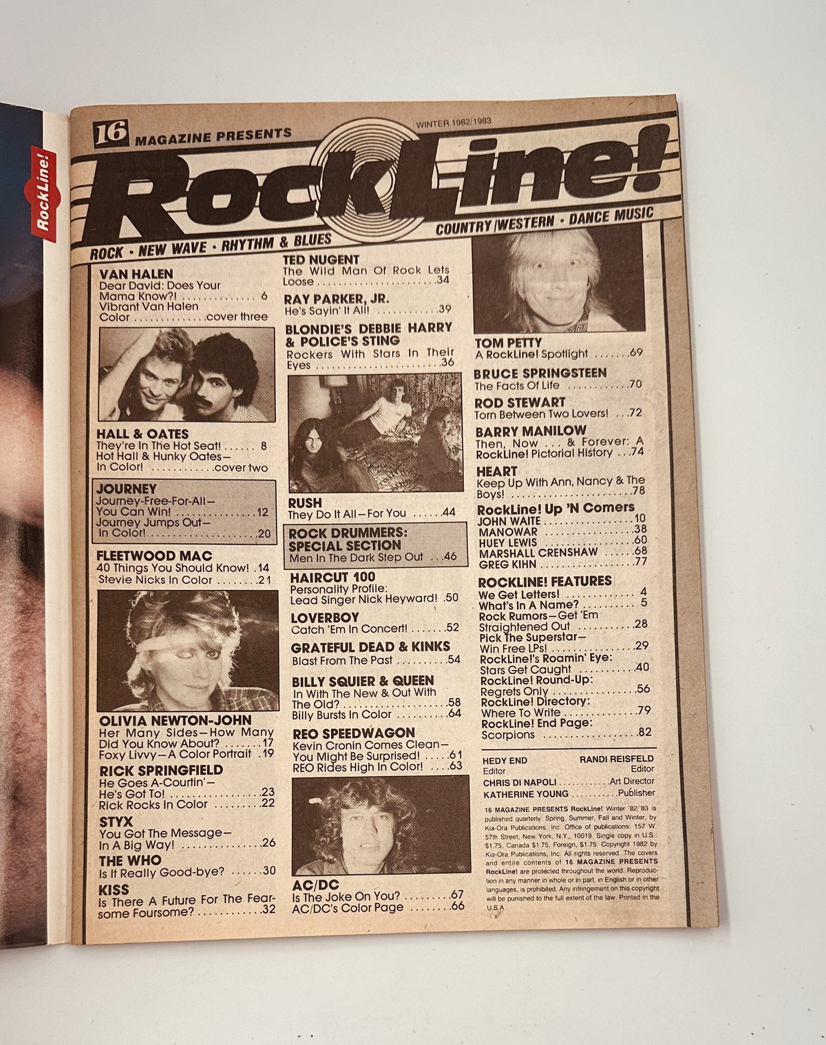 Inside page of RockLine Magazine Winter 1982-1983 displaying the Table of Contents, highlighting featured articles on Van Halen, Hall & Oates, Fleetwood Mac, and more.