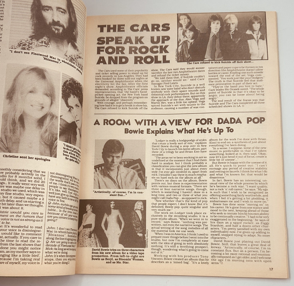 Page from Hit Parader Yearbook Magazine 1980 highlighting The Cars and David Bowie, showcasing an engaging interview and vintage rock photography.