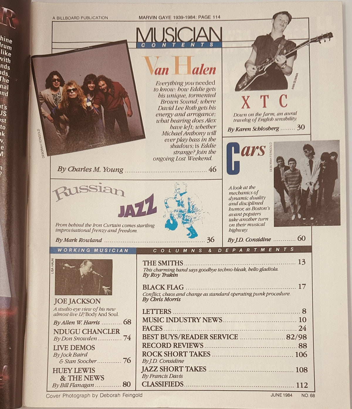 Musician Magazine June 1984 cover featuring Van Halen, XTC, The Cars, Joe Jackson, and Black Flag, showcasing a collection of articles and music insights. Cover photograph by Deborah Feingold.