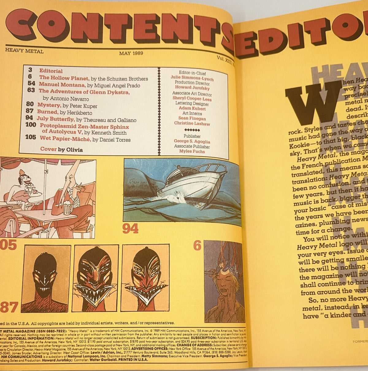 Table of Contents page from Heavy Metal Magazine May 1989 outlining the stories featured in the issue including 'The Hollow Planet' and 'Manuel Montana'.