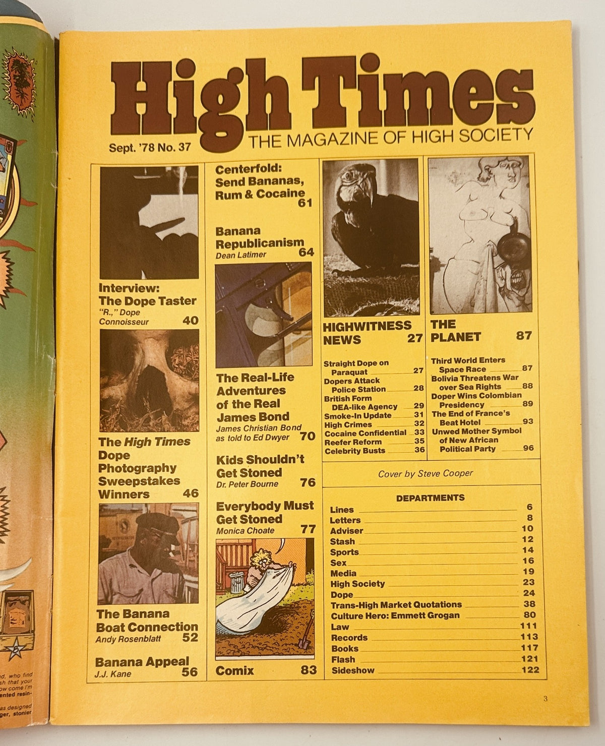 Inside spread of High Times Magazine September 1978 showing the Table of Contents, with highlights including 'Centerfold: Send Bananas, Rum & Cocaine' and interviews related to drug culture.
