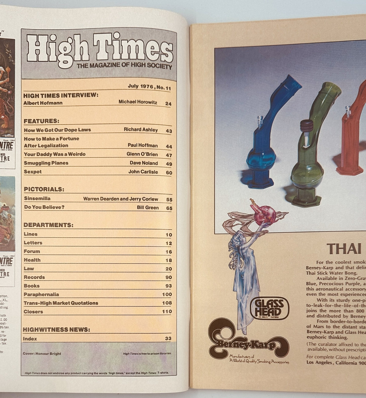 High Times Magazine July 1976 featuring an interview with Albert Hofmann. The content list includes articles on various topics such as smuggling planes and legalization. The magazine is in very good condition with light edge wear.