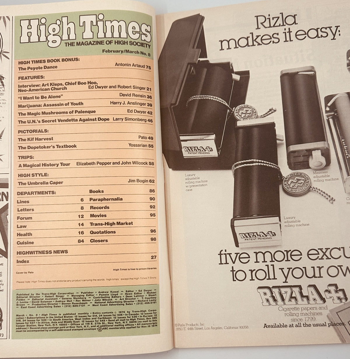 Inside spread of High Times Magazine March 1976 showing Table of Contents, including features on Peyote Dance and The Kif Harvest. The layout also promotes Rizla rolling papers.