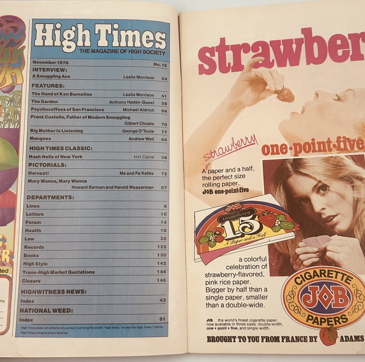 Interior of High Times Magazine November 1976 showcasing the table of contents, featuring interviews and articles about cannabis, mangoes, and culture.