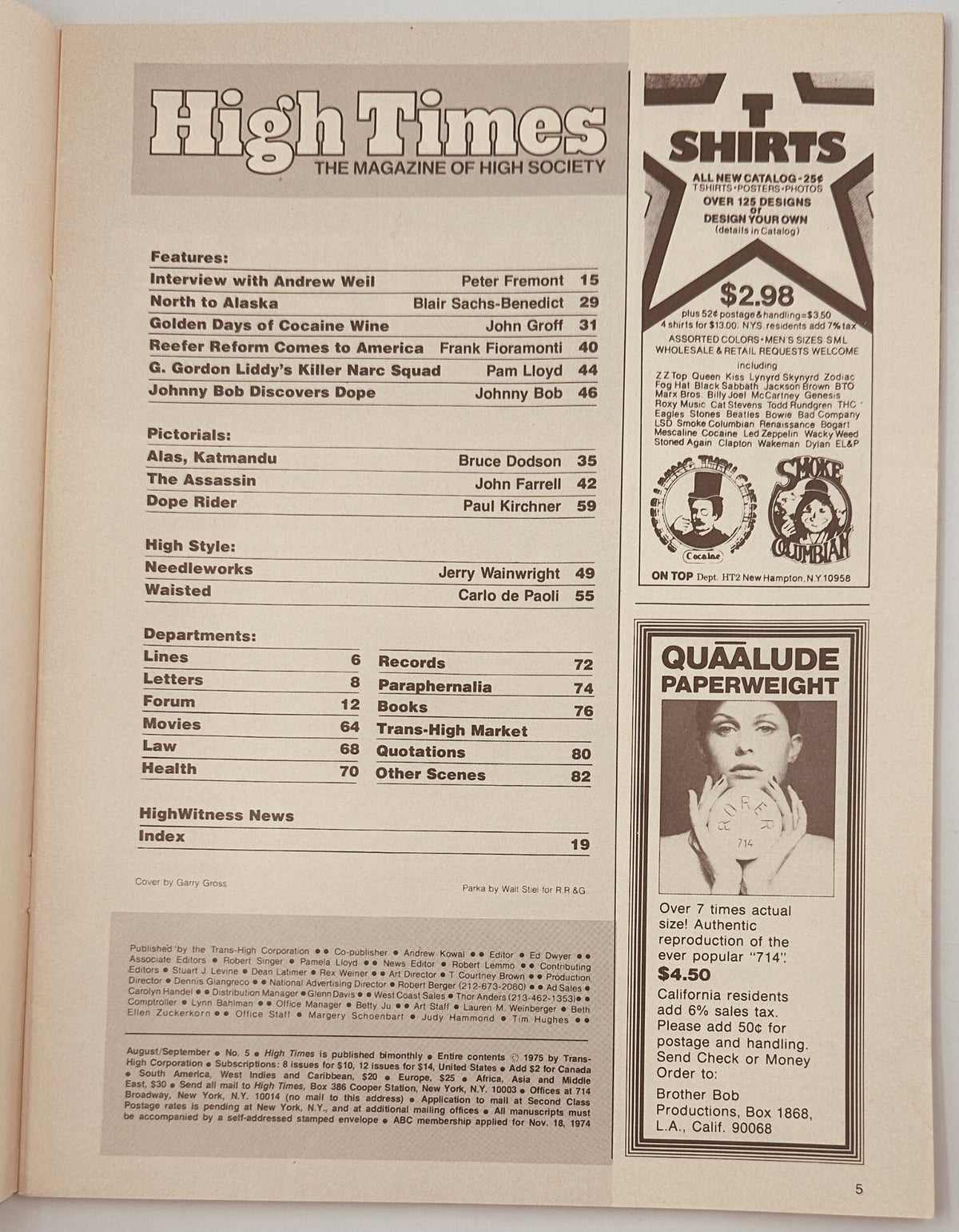Interior page of High Times Magazine August/September 1975 featuring the Table of Contents, including interviews and articles on cannabis culture, notable contributors listed are Andrew Weil and G. Gordon Liddy.