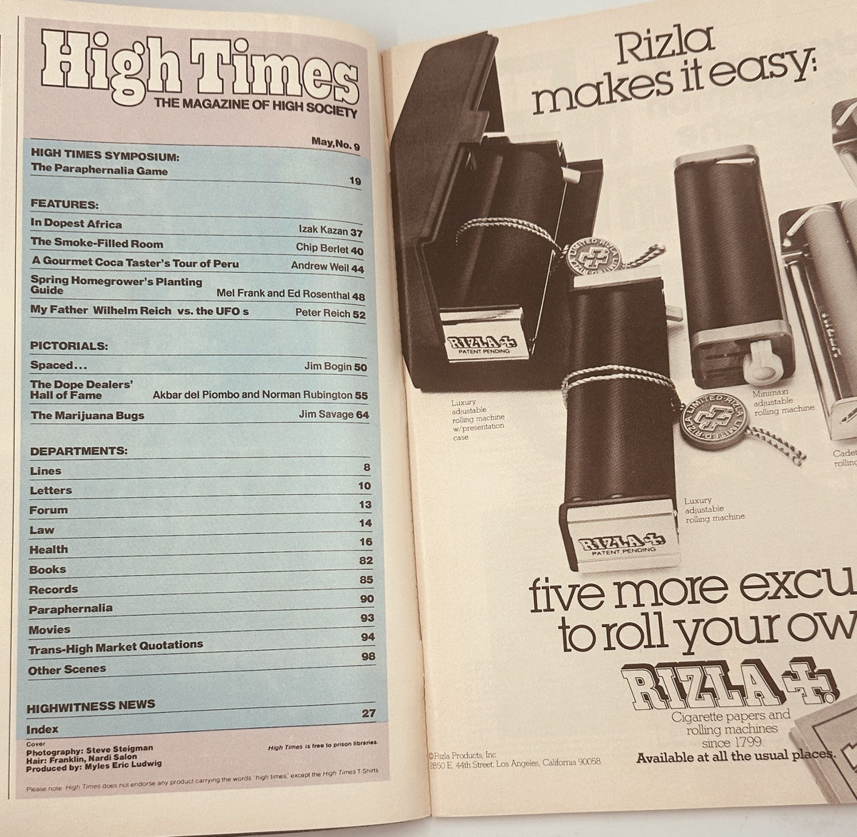 High Times Magazine May 1976 open page displaying the Table of Contents including features like 'In Dopest Africa' and 'A Gourmet Coca Taster’s Tour of Peru'.