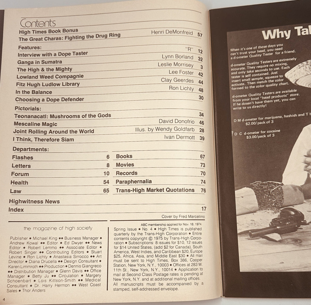 Interior page of High Times Magazine Spring 1975 displaying the Table of Contents, highlighting articles like 'The Great Charas: Fighting the Drug Ring' and features on various cannabis topics.