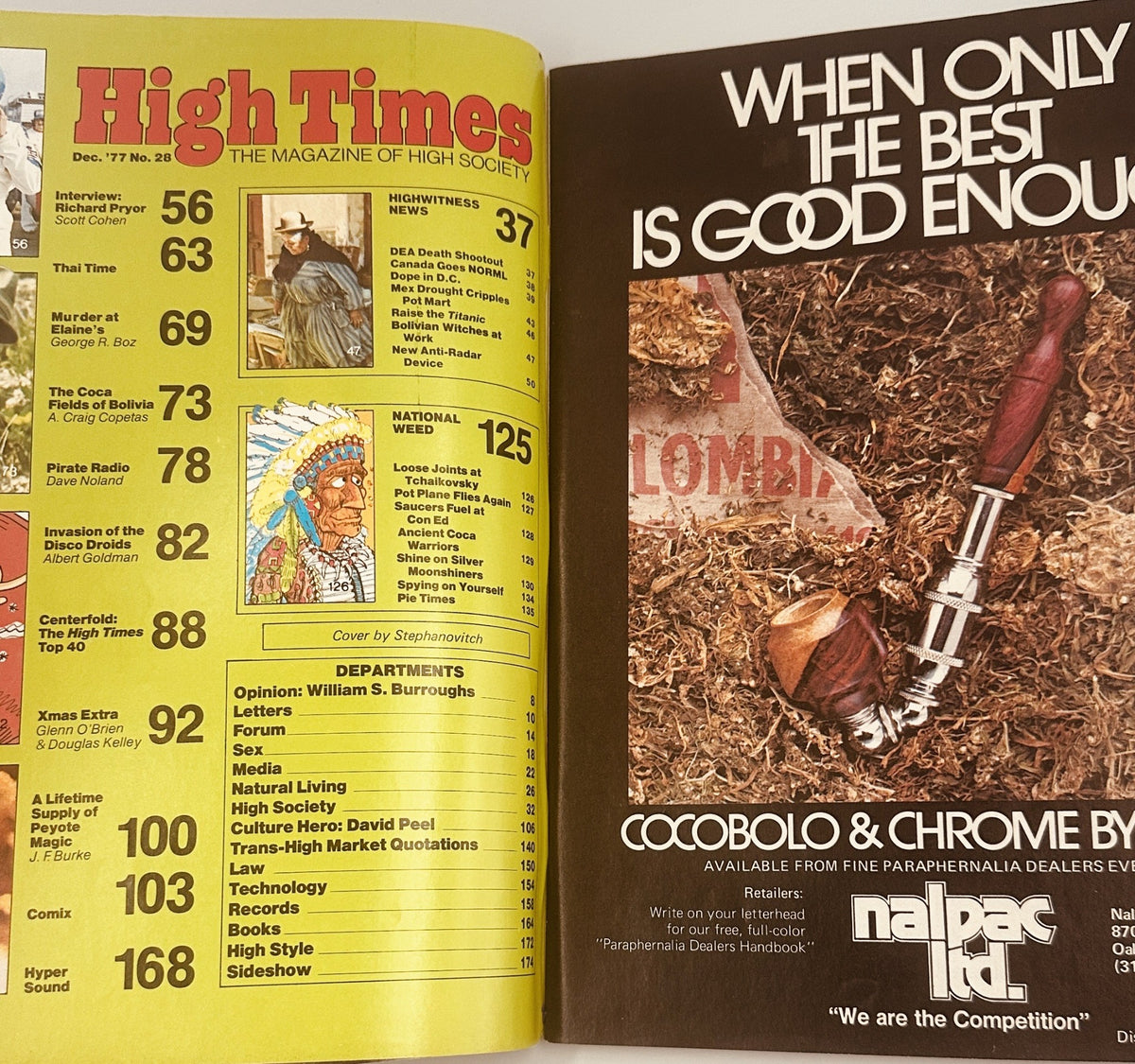 Inside spread of High Times Magazine December 1977 showcasing the Table of Contents with articles on Richard Pryor, Coca Fields of Bolivia, and various holiday features.