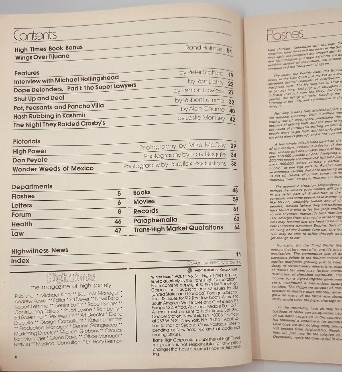 Table of Contents page from High Times Magazine Winter 1975 detailing features, pictorials, and departments such as 'Interview with Michael Hollingshead' and 'Flashes'.