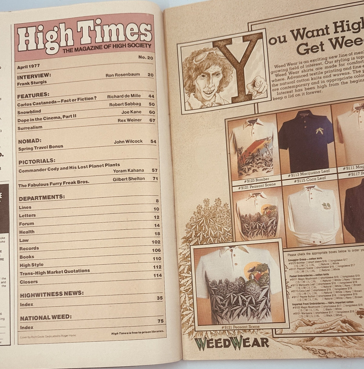 Inside pages of High Times Magazine April 1977, showcasing the Table of Contents with features on Frank Sturgis, Carlos Castaneda, and other cultural and travel topics.