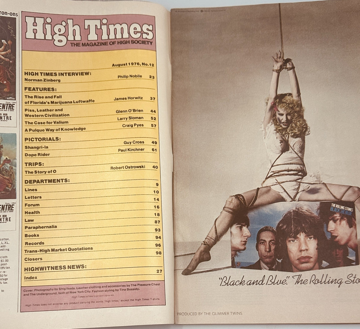 Interior page of High Times Magazine August 1976 displaying the Table of Contents, including interviews and features like 'The Case for Valium' and 'Black and Blue: The Rolling Stones', highlighting various articles in the issue.