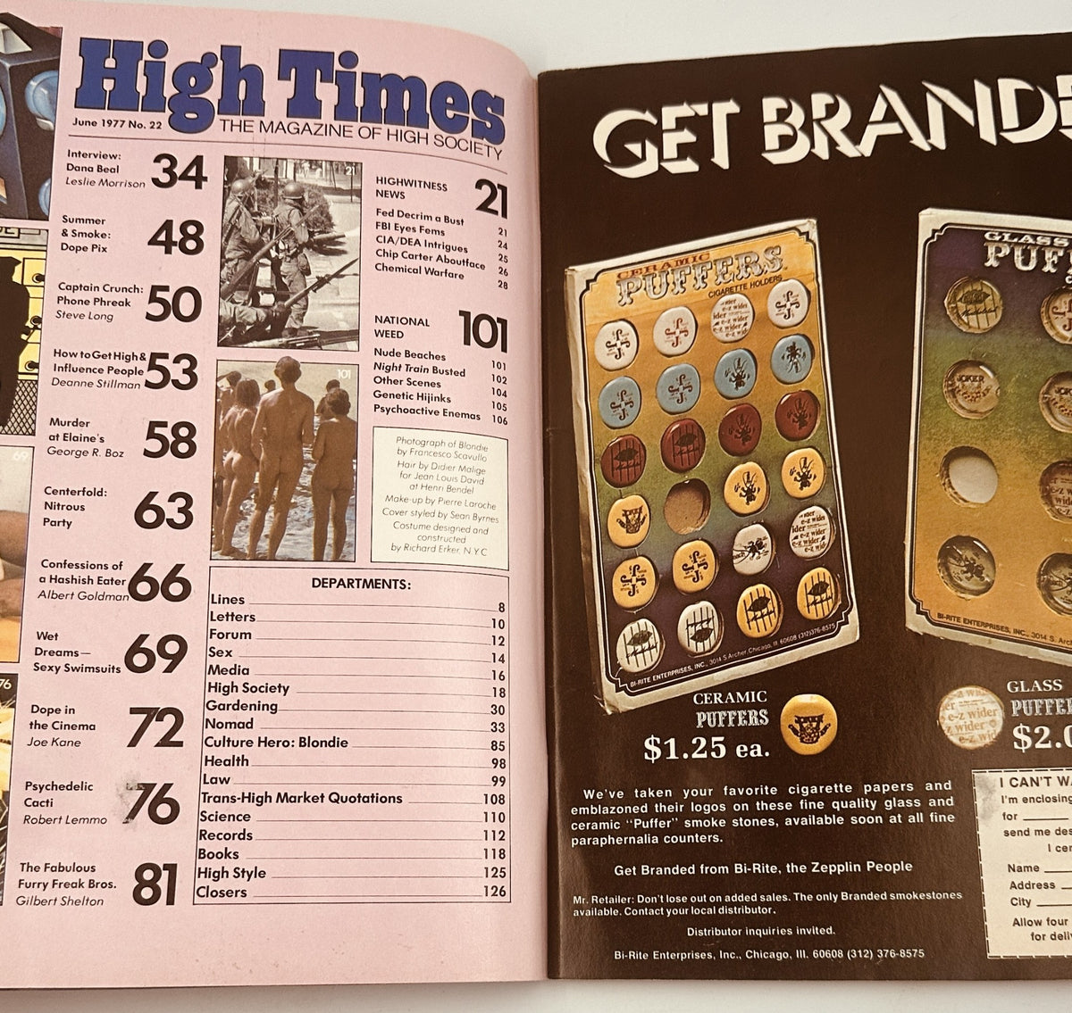 Table of Contents from High Times Magazine June 1977, detailing various articles including features on Dana Beal and psychedelic culture.