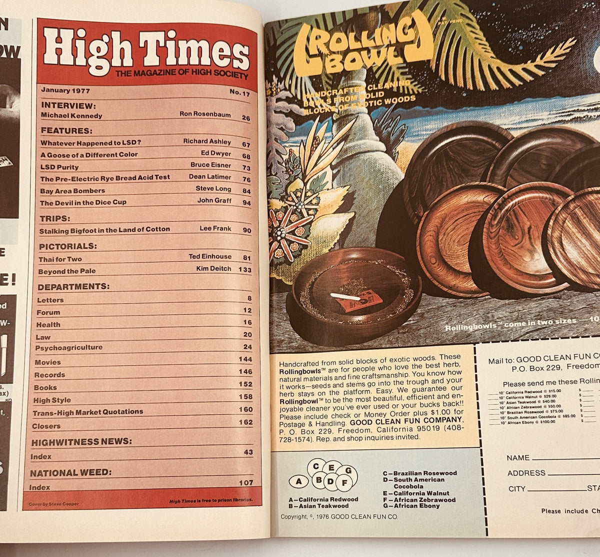 Inside page of High Times Magazine January 1977 showing the table of contents, highlighting features on LSD and Bigfoot, and various departments.