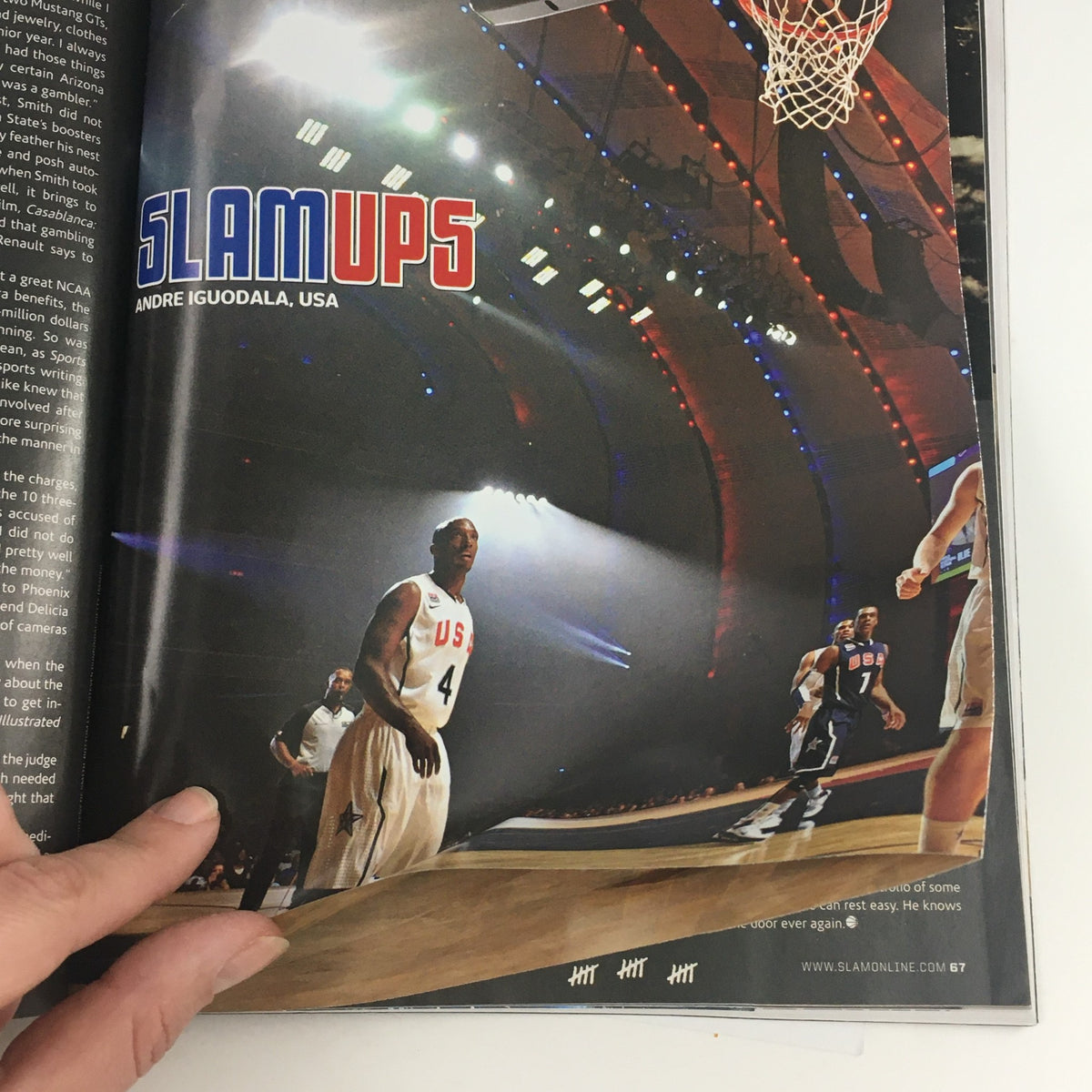 Inside page of Slam Magazine November 2010, featuring a 'SLAMUPS' section with Andre Iguodala in action during a USA basketball game, highlighting the excitement of international play.