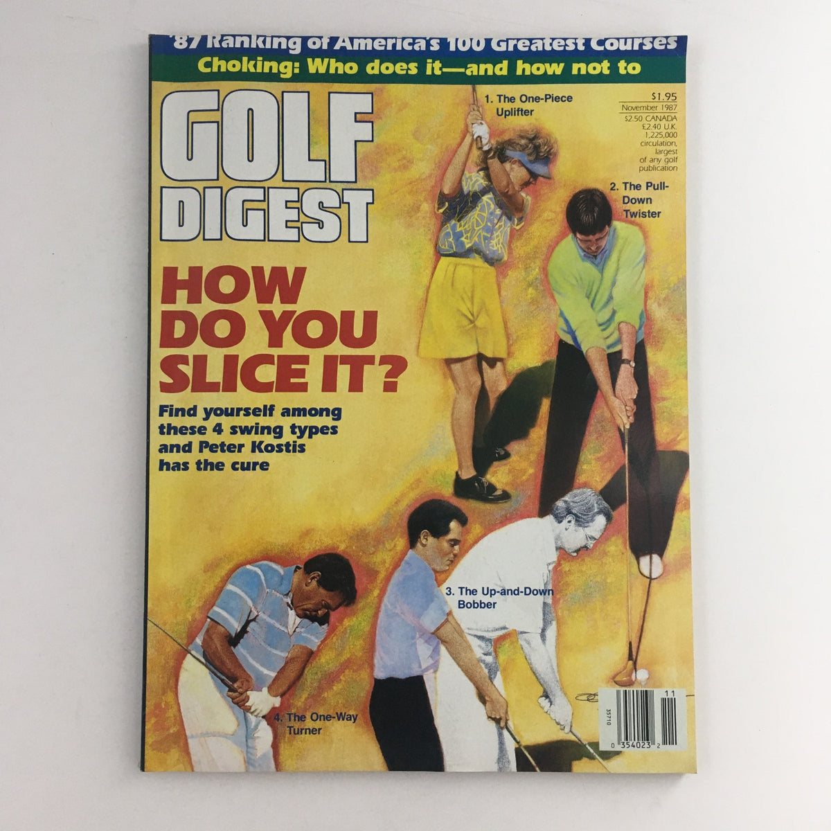 Cover of Golf Digest Magazine November 1987 featuring the title 'How Do You Slice It?' with illustrations of four swing types and Peter Kostis. The magazine includes tips for golfers and highlights swing techniques.