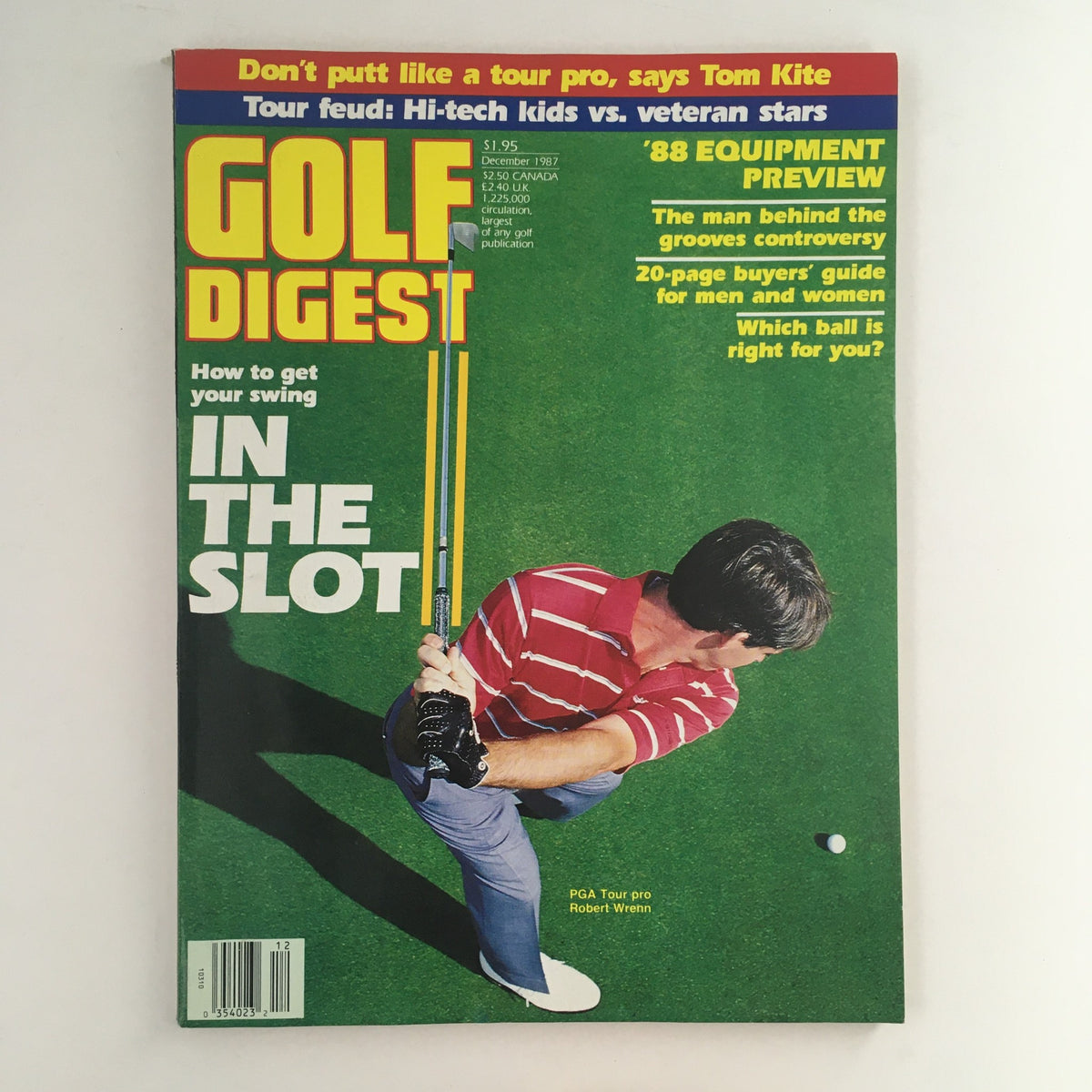 Cover of Golf Digest Magazine December 1987 featuring PGA Tour pro Robert Wrenn demonstrating a golf swing technique with the caption 'How to get your swing IN THE SLOT' and additional articles on golf equipment.