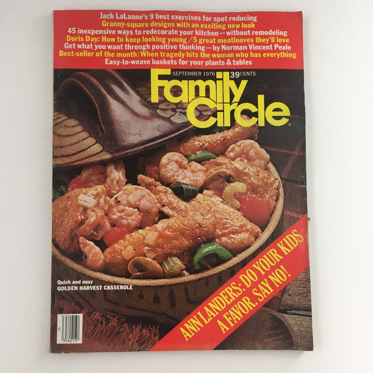Family Circle Magazine September 1976 featuring Jack LaLanne & Ann Landers on the cover, showcasing a delicious meal and articles about fitness and parenting.