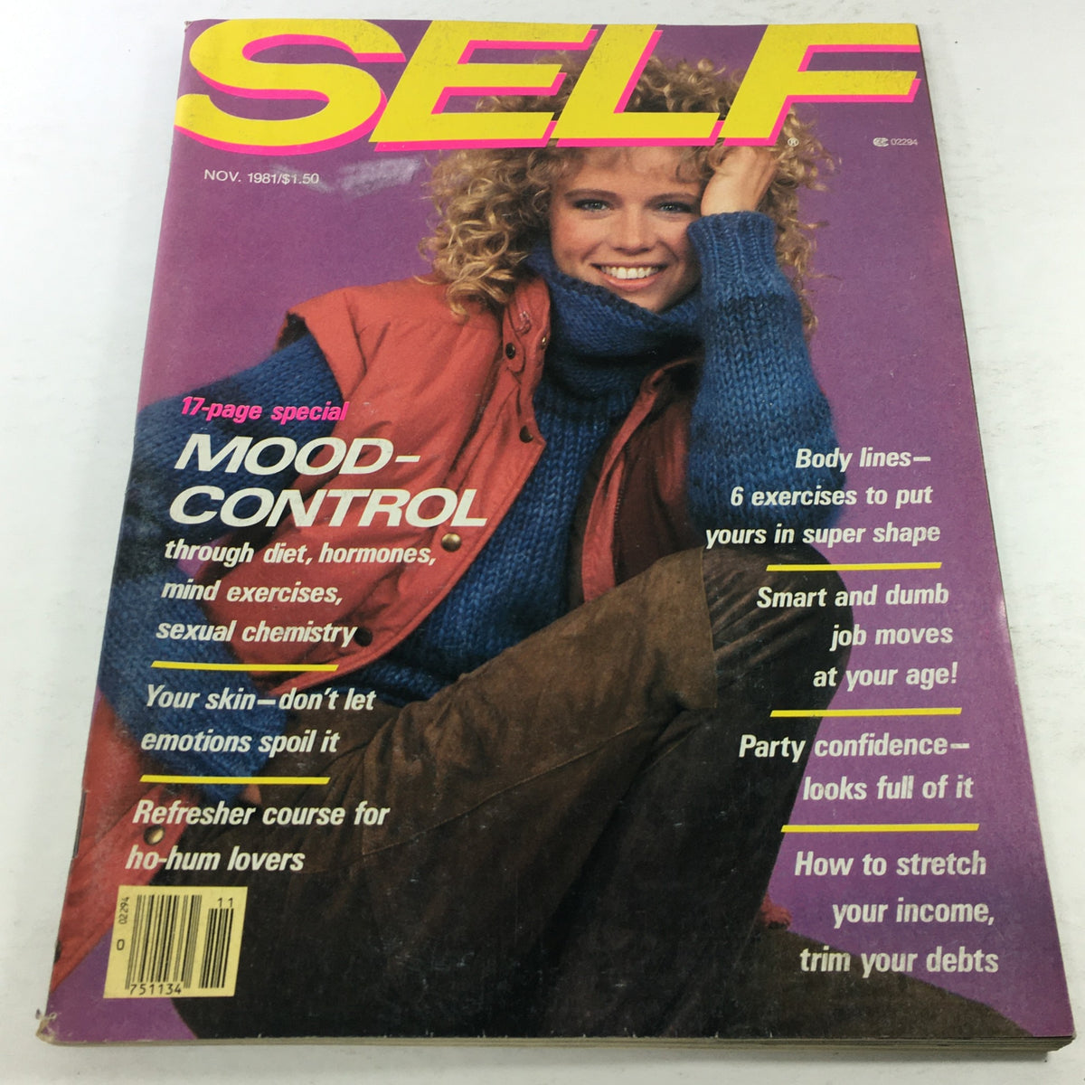 Cover of VTG Self Magazine: November 1981 featuring the headline 'MOOD-CONTROL' and a smiling model in a colorful outfit, highlighting themes of mental well-being and self-care.