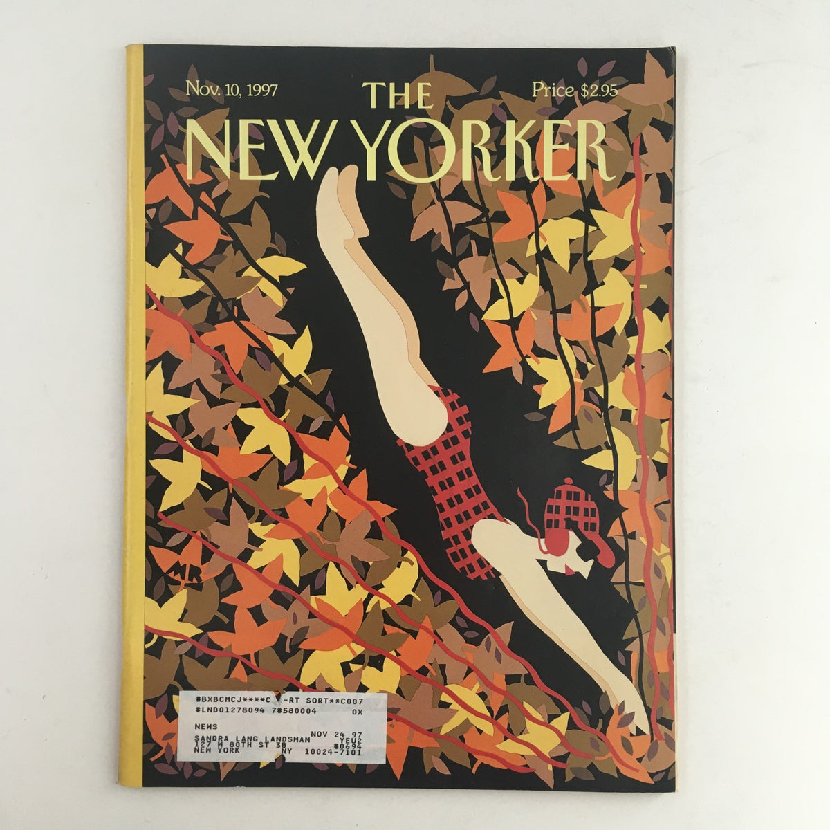 Cover of The New Yorker Magazine from November 10, 1997, featuring the artwork 'Leaf Diving' by Michael Roberts, showcasing vibrant autumn leaves and a diver.
