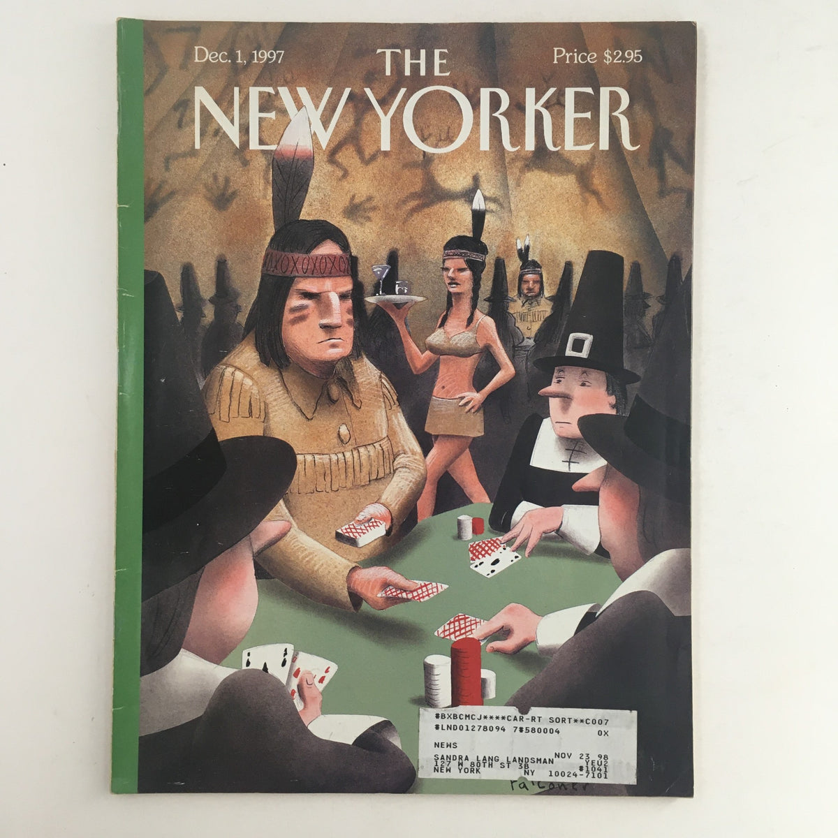 Cover of The New Yorker Full Magazine December 1, 1997 featuring a vibrant illustration of a poker night scene, showcasing characters in period costumes, designed by Ian Falconer, highlighting the magazine's unique style and humor.