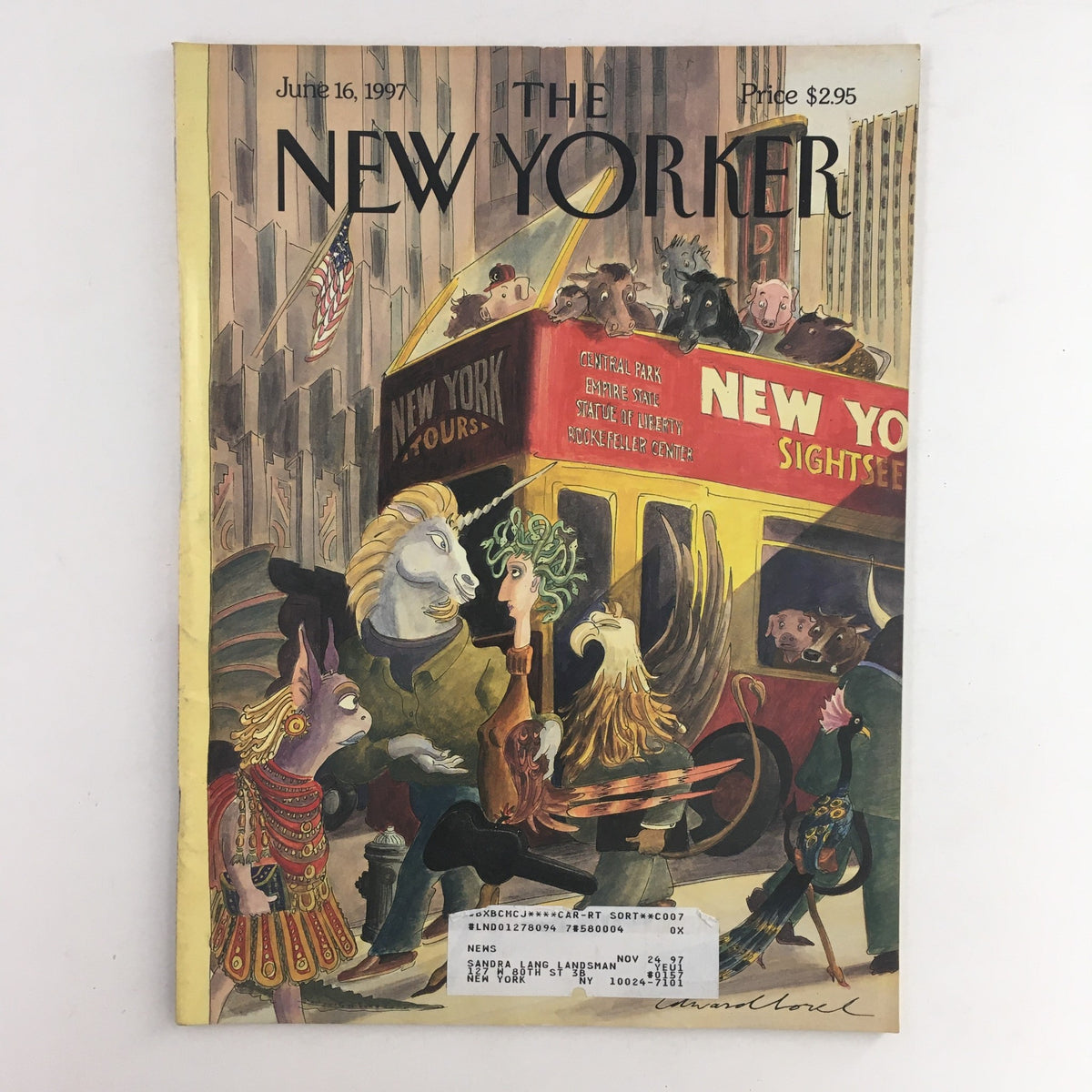 The New Yorker Full Magazine June 16 1997 featuring the captivating cover art titled 'Walkers, Gawkers' by Edward Sorel, showcasing a whimsical and artistic depiction of New York City life with characterful animals and iconic landmarks.