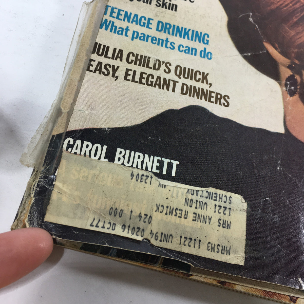 Close-up of the address label on the vintage McCall's Magazine from June 1976, featuring Carol Burnett, with visible wear.