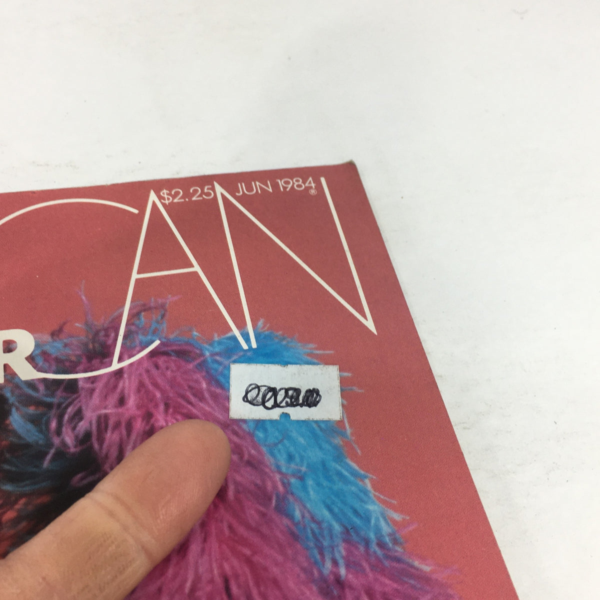 Close-up of the Vintage American Photographer magazine cover from June 1984, highlighting the price sticker and Cher's striking costume details, photographed by Tony Costa.