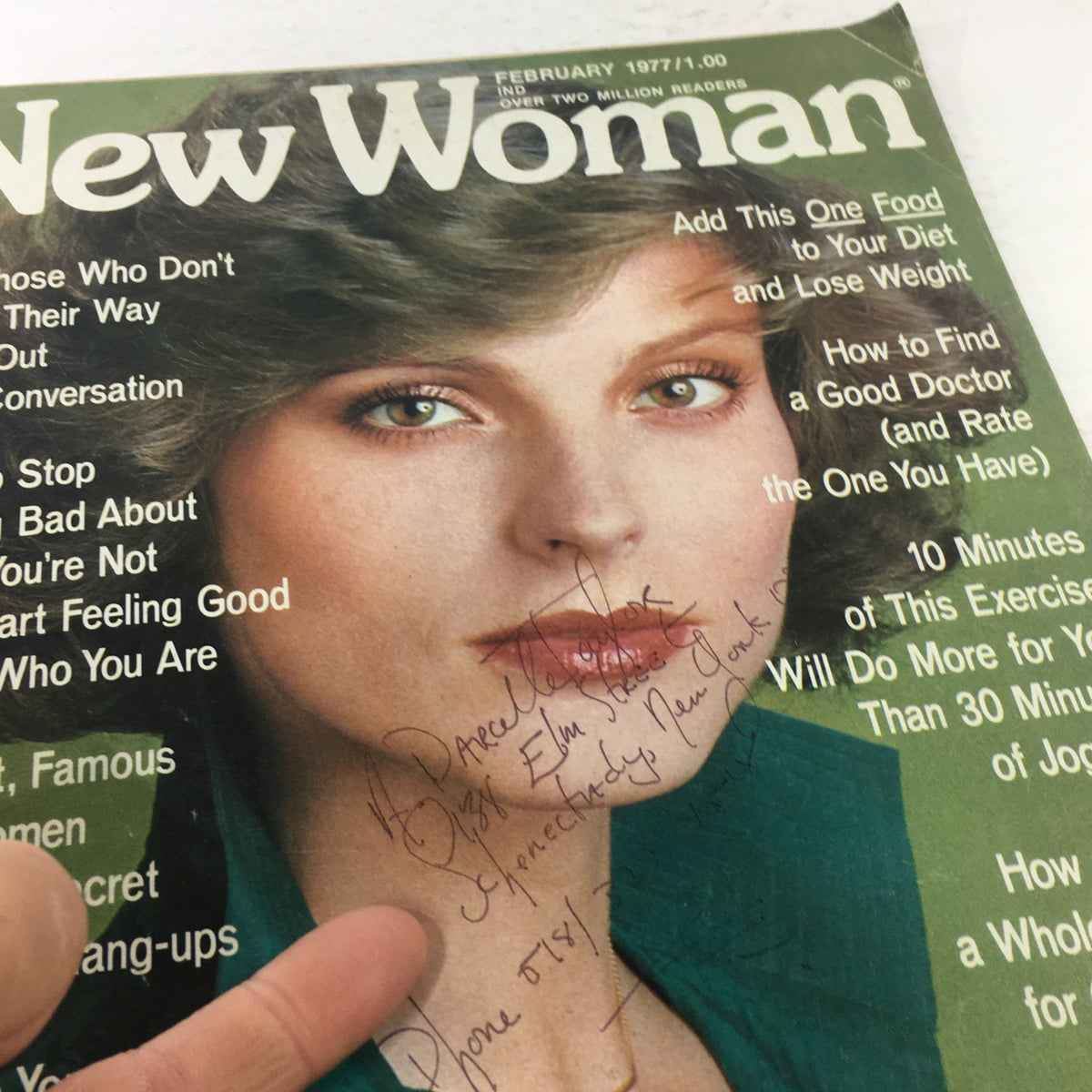 Detailed view of VTG New Woman Magazine: February 1977 cover, highlighting articles focused on women's issues, health tips, and self-improvement.
