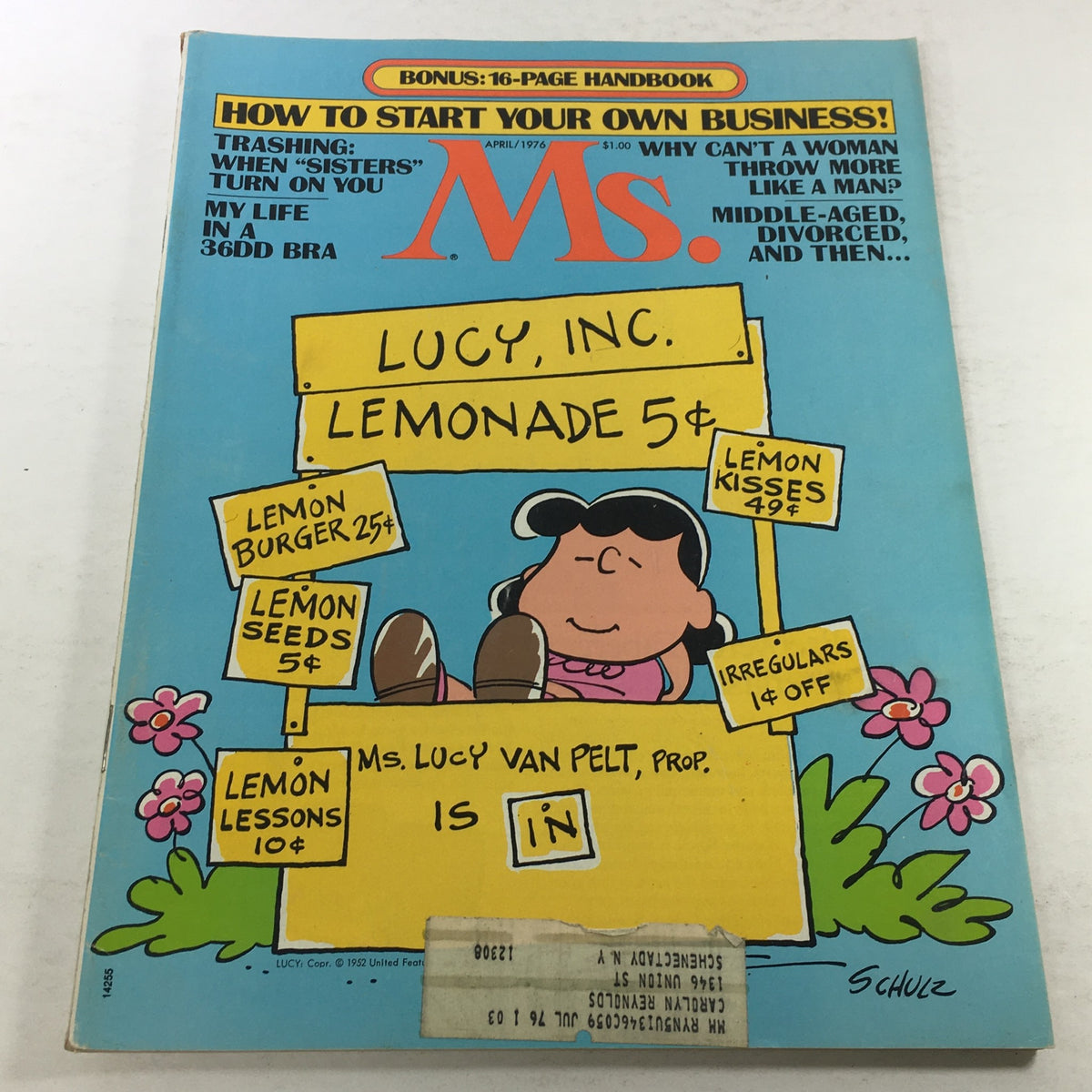 Cover of VTG MS. Magazine: April 1976 featuring Lucy Van Pelt by Charles M. Schulz, showcasing a playful lemonade stand theme and vibrant colors.