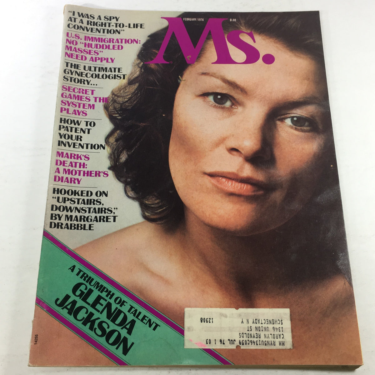 Cover of VTG MS. Magazine: February 1976, featuring Glenda Jackson titled 'A Triumph Of Talent,' showcasing a vintage feminist publication with various topic highlights.