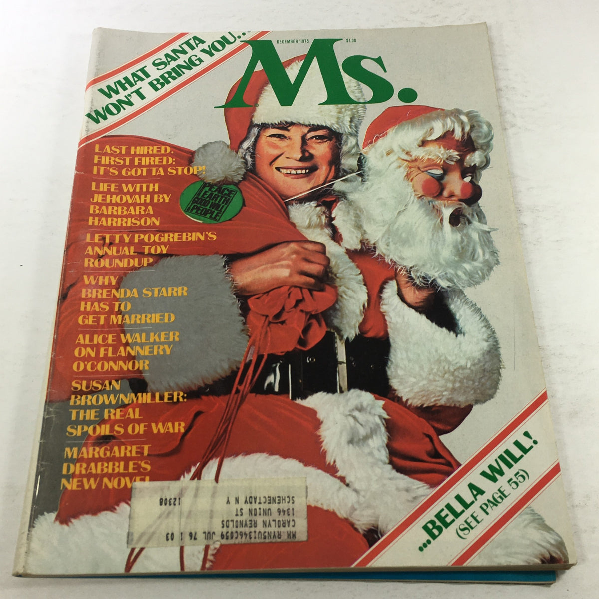 VTG MS. Magazine cover from December 1975 featuring the title 'What Santa Won't Bring You Bella Will', showcasing a festive theme with Santa Claus imagery and articles highlighted on the cover.