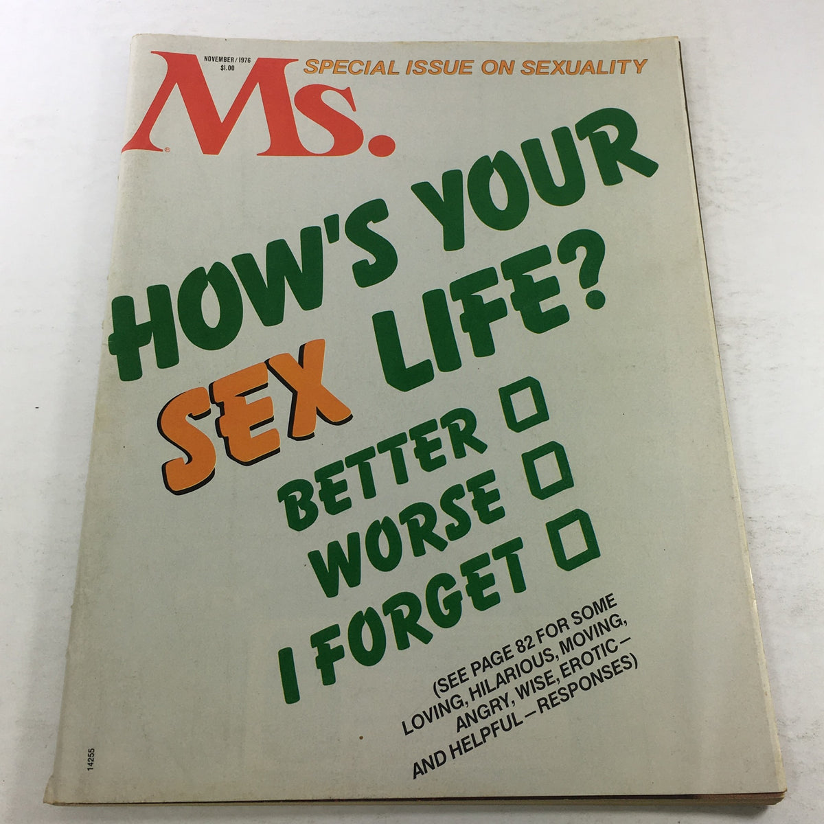 Cover of VTG MS. Magazine: November 1976 - Special Issue On Sexuality featuring the bold question, 'How's Your Sex Life?' with checkboxes for better, worse, or forget.
