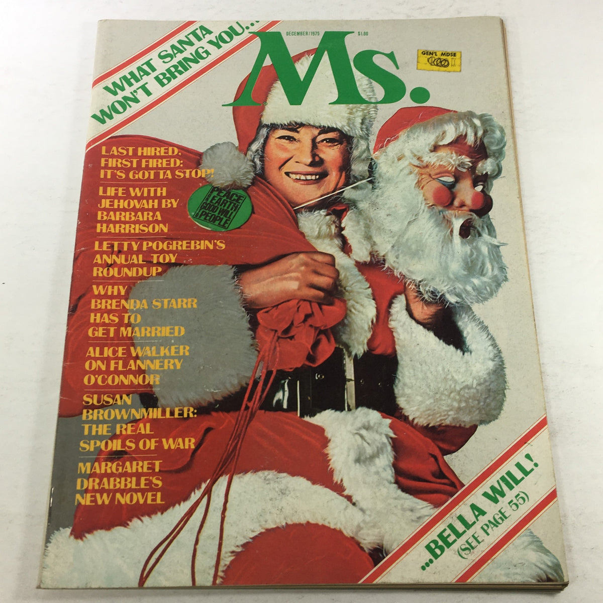 Cover of the vintage MS. Magazine from December 1975 featuring the headline 'What Santa Won't Bring You... Bella Will!' showcasing themes of women's empowerment and societal issues from the 1970s.